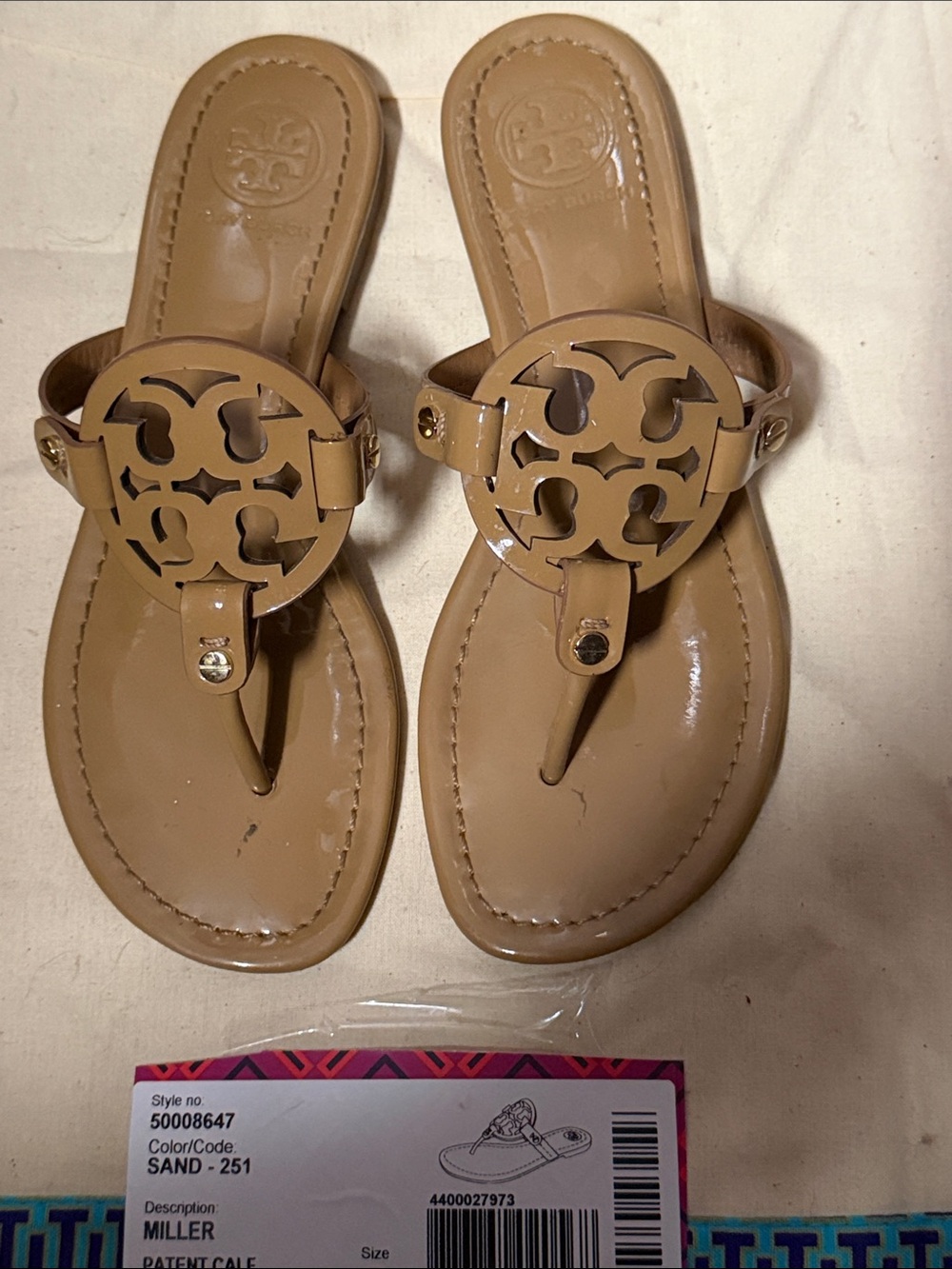 Tory Burch Sand Patent Leather Miller Thong Sandals